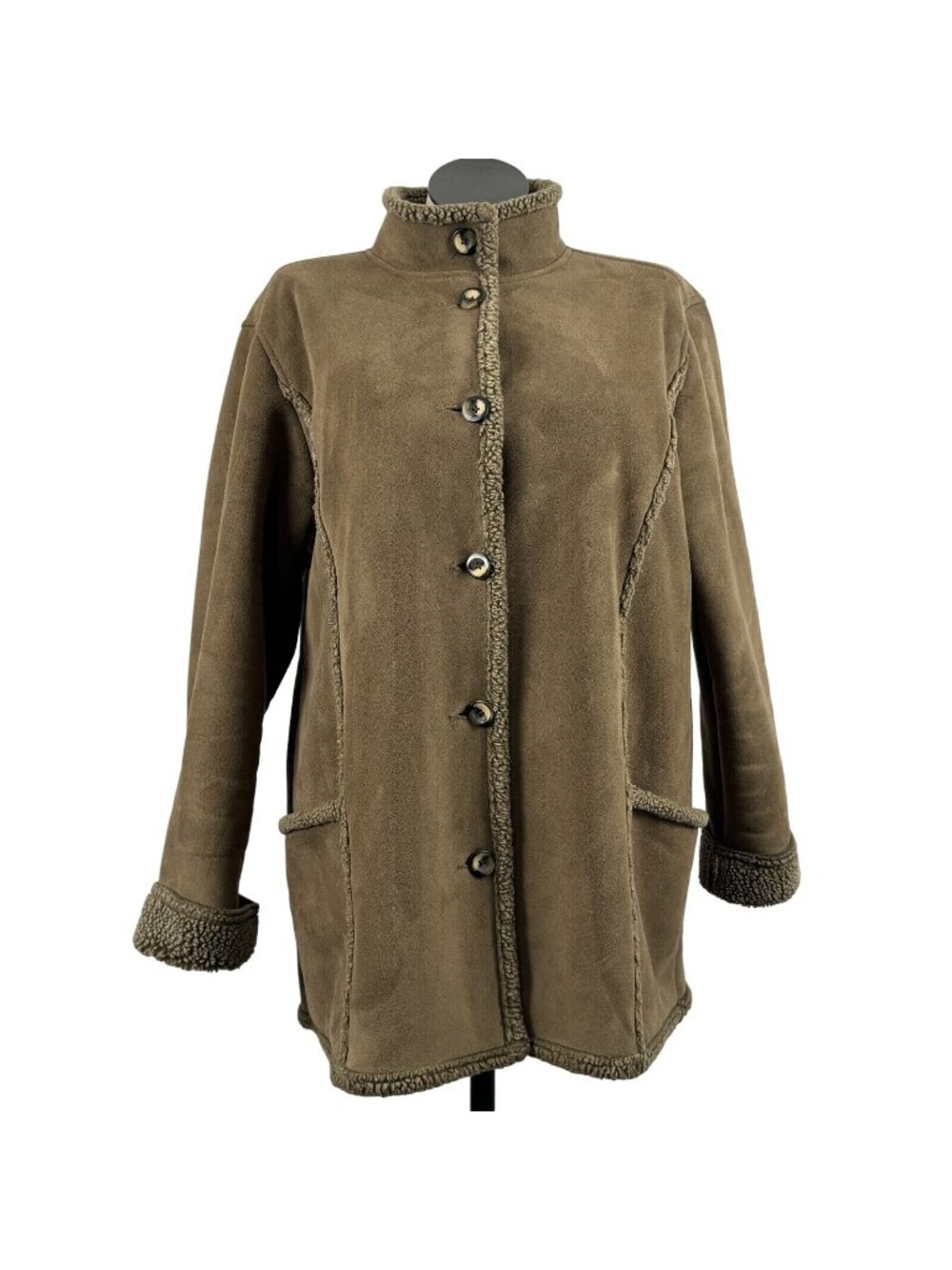 LL Bean Coat Button Up Jacket Womens Sz XL Light Brown Sherpa Lining High Neck